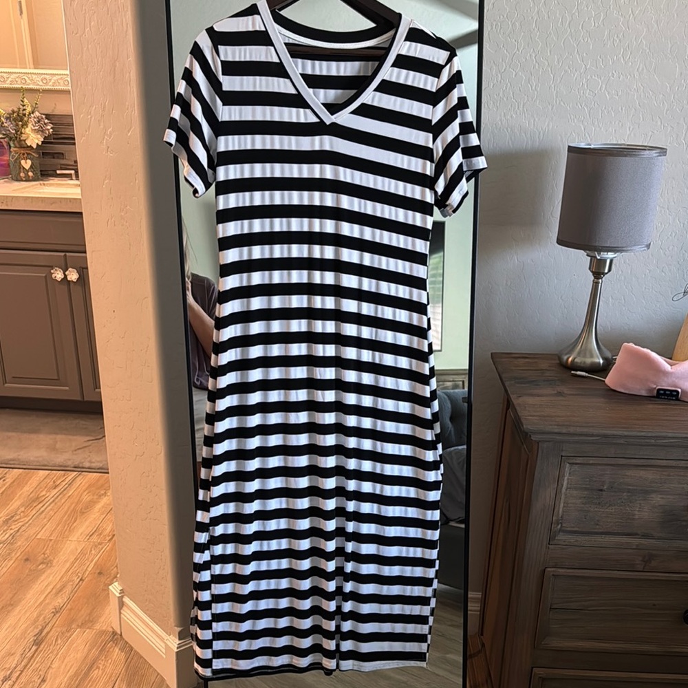 Black and White Striped V-Neck Dress
